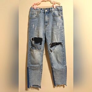 Two-tone Ripped Raw Hem Back High Rise Mom Ankle Jeans. Size 2